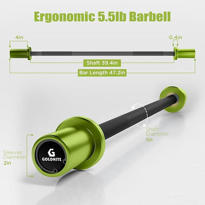 5.5LB Mini Barbell Bar 4Ft for Beginners Women & Kids-100LB Capacity Lightweight Weightlifting Bar- Multi-Color for 2-Inch Weight Plates Total Body Workout Strength Training Home Gym