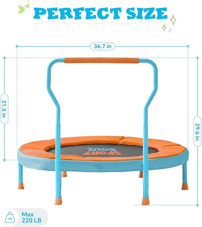 SPORTSOUL Mini Trampoline for Kids 3-6 with Super Safe Foam Handle Bar, 3ft Toddler Trampoline Indoor with No-Gap Cover for Indoor and Outdoor