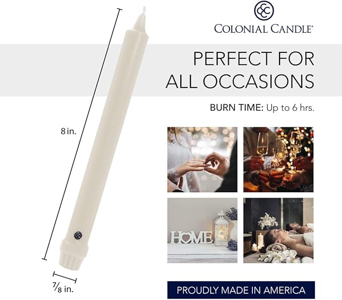 Colonial Candle Unscented Taper Candle, Classic Collection, Limoncello, 8 in, Pack of 12 - Up to 6 Hours Burn