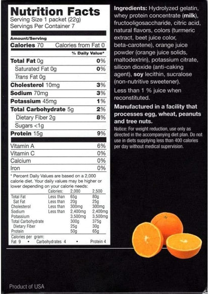 High Protein Fruit Flavored Powder Drink Mix, 15g Protein, Low Calorie, Sugar Free, Ideal Protein Compatible, 7 Servings Per Box (Orange)
