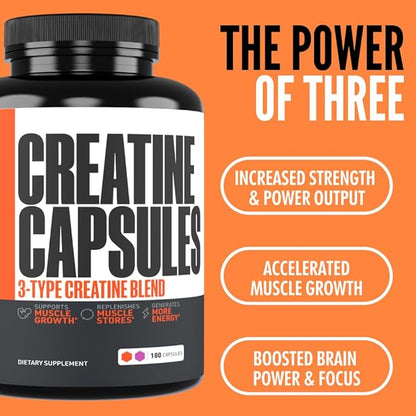 Creatine Capsules, 5g Premium 3X ThreeAtine Pre Workout Bulk Muscle Mass Gainer, High Absorption Easy to Take Creatine Monohydrate Pills Alternative Optimum Performance for Men Women, 180 Capsules