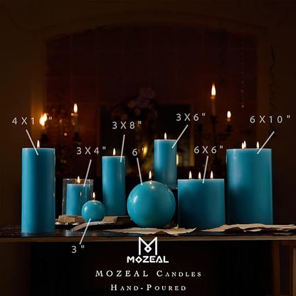 MOZEAL 3" x 6" Hand-Poured Unscented Candle,Dripless Pillar Candle Set of 3,Long Lasting Burning,Approx 120 Hours Burn Time,Rustic Country Style,for Wedding,Dinner,Christmas and Home Decor,Turquoise