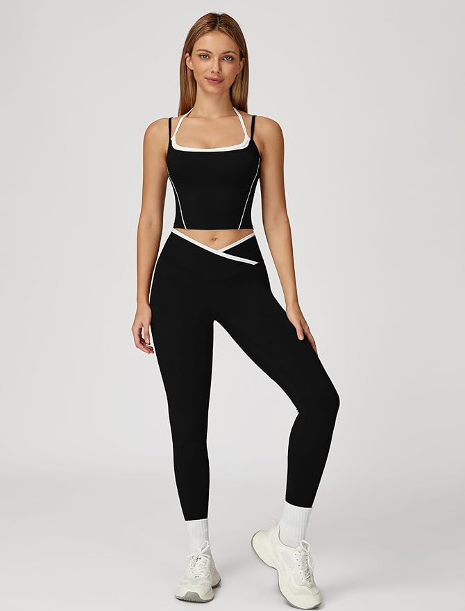 ABOCIW Workout Sets for Women 2 Piece Color Block Strappy Sports Bra High Waist Leggings Gym Yoga Pilates Outfits