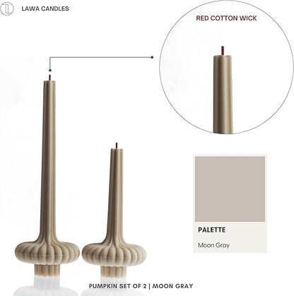 LAWA Set of 2 Pumpkin Base Candle - Beautiful Handmade Pillar Unscented Soy Wax Elegant Aesthetic Vase Candle Housewarming Gift Home Room Shelf Decor Idea Moon Gray