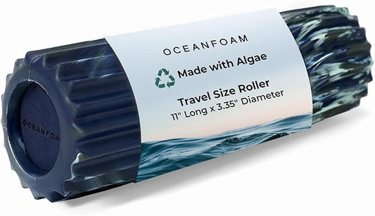 Oceanfoam Ripple Travel Foam Roller (11" x 3.35") Firm Mini Foam Roller for Physical Therapy, Deep Tissue Massage, Back Pain - High Density, Wave Textured - Yoga (Dark Navy, Hunter & Seafoam Marbled)