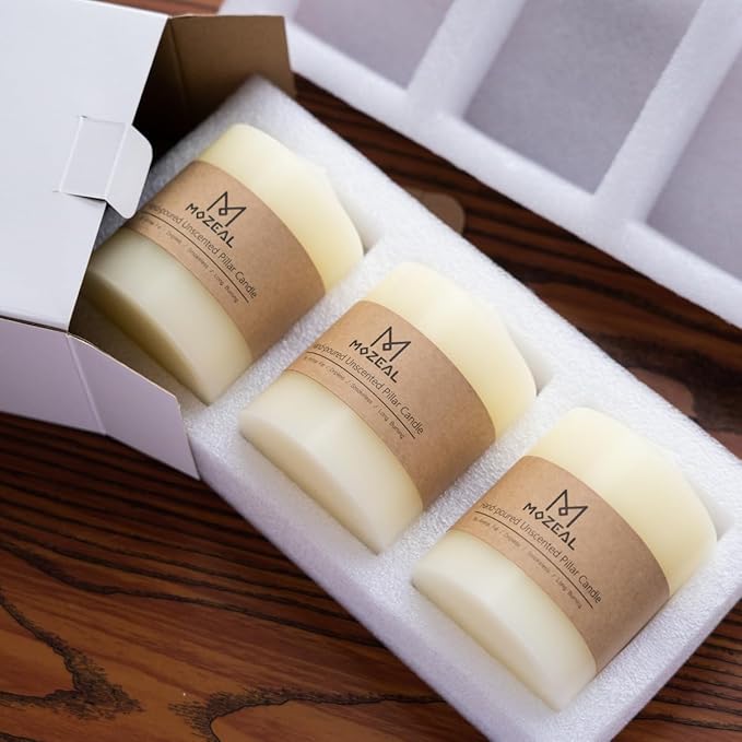 MOZEAL 3" x 4" Hand-Poured Unscented Yellow Pillar Candles,Dripless Candles Set of 3,Smokeless,Clean Burning,Approx 60 Hours Burn Time,Wedding,Spring,Christmas and Home Decor（3 Inch Width Series）