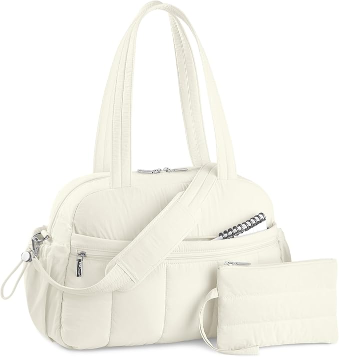 TOPDesign Travel Duffel Bag for Women, Puffer Gym Bag Sports Tote with Wet Pocket, Carry On Weekender with Luggage Sleeve (Ivory White)