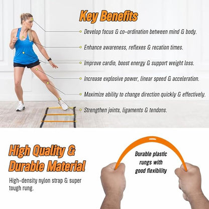 20ft Sports Agility Ladder for Men Women and Kids, Speed Youth Soccer Agility Training Equipment for Football, Exercise, Tennis, Legs Workout with Speed Parachute, Cones and Carry Bag