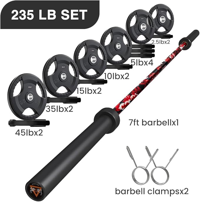 7FT Olympic Barbell Bar with Weight Plate Set Combo, Solid Olympic Bar with Bearings, 700Lbs Capacity Weight Bar for Home Gym Strength Training, Weightlifting, Powerlifting, Fit for 2" Olympic Plates