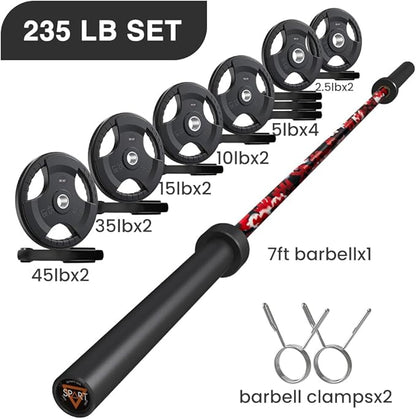 7FT Olympic Barbell Bar with Weight Plate Set Combo, Solid Olympic Bar with Bearings, 700Lbs Capacity Weight Bar for Home Gym Strength Training, Weightlifting, Powerlifting, Fit for 2" Olympic Plates