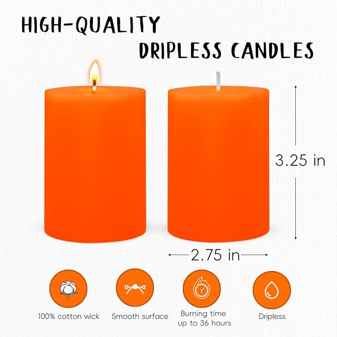 6 Packs 2.75x3.25 Inch Orange Pillar Candles, Unscented Dripless Non-Toxic Smokeless Fall Colored Autumn Cylinder Candles for Thanksgiving Home Dinner Table Decoration Emergency Power Outage