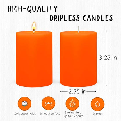6 Packs 2.75x3.25 Inch Orange Pillar Candles, Unscented Dripless Non-Toxic Smokeless Fall Colored Autumn Cylinder Candles for Thanksgiving Home Dinner Table Decoration Emergency Power Outage