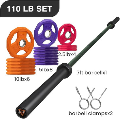 7FT Olympic Barbell Bar with Weight Plate Set Combo, Solid Olympic Bar with Bearings, 700Lbs Capacity Weight Bar for Home Gym Strength Training, Weightlifting, Powerlifting, Fit for 2" Olympic Plates