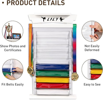Tilhumt 12/10 Belts Karate Belt Display Rack with Stickers, Taekwondo Belt Display with Trophy/Photo Rack, Felt Dustproof Design, Easy to Put in Belt, Martial Arts Belt Display for Adults