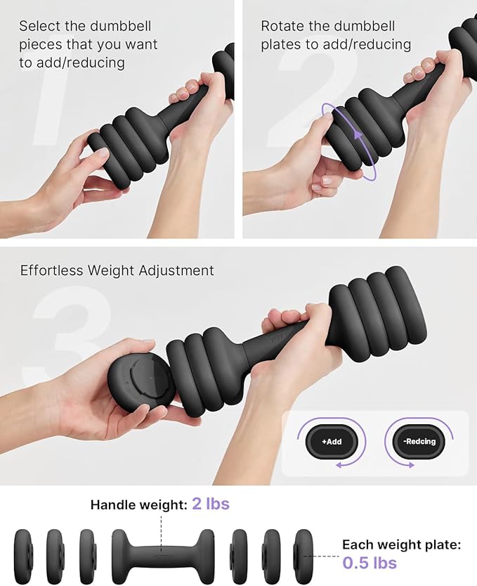 YOTTOY Adjustable Dumbbell Set of 2, 4-in-1 Hand Weights for Women at Home, Compact Free Weights Dumbbells Set with Soft Grip and Base, 2-5 lbs Each for Home Gym