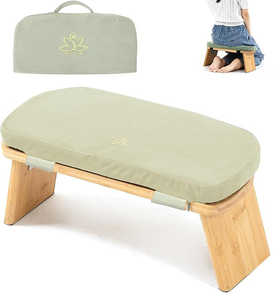Meditation Bench, Bamboo Meditation Stool, Folding Kneeling Meditation Bench, Seiza Prayer Bench, Prayer Bench with Meditation Cushion, Kneeling Stool (Beige & Bag)