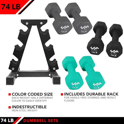 JFIT Dumbbell Pairs or Sets – Neoprene & Vinyl Coated Hand Weights for Home Gym, Strength Training, Aerobics, Cardio Exercise and Fitness