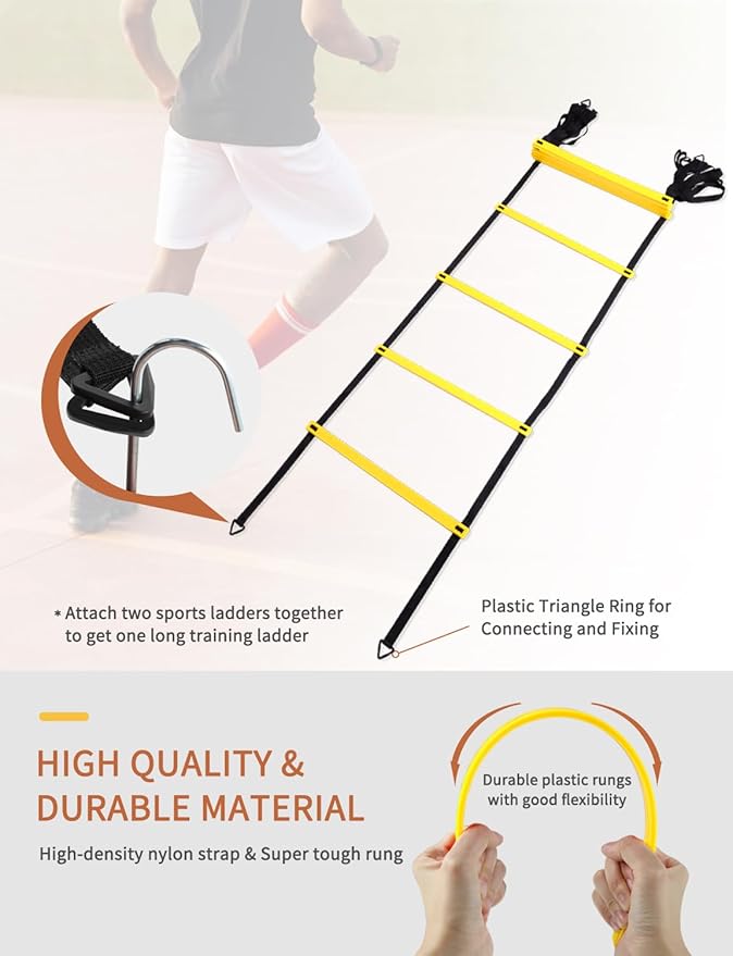 GHB Agility Ladder,Football Training Equipment Set,4 Agility Hurdles, 20 feet12 Rungs Speed Ladder,12 Disc Cones,Resistance Parachute, Jump Rope, 5 Resistance Bands