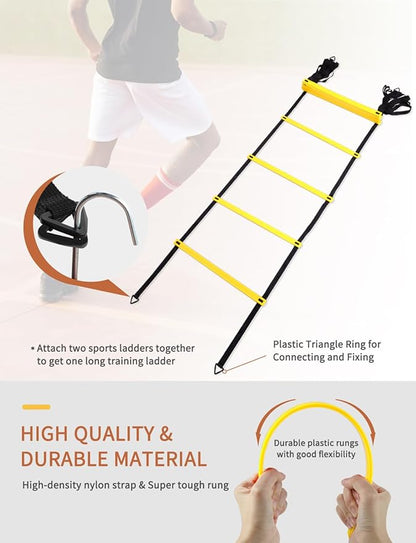 GHB Soccer Agility Training Equipment, 6 Agility Poles, 20ft Speed Ladder, 12 Disc Cones, Resistance Parachute, Jump Rope, 5 Resistance Bands, Soccer Training Poles for Speed Agility Training