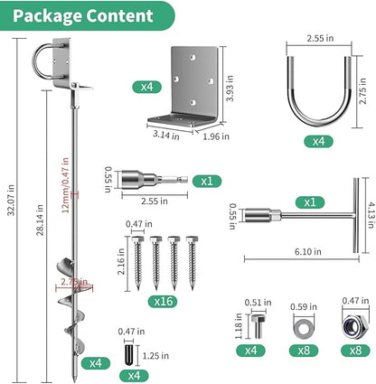 Phopich 28in Multi-Purpose Ground Anchors Screw in, 4Pack Fully Welded Heavy Duty Trampoline Stakes with Brackets, T-Wrench and Adapter for Drill, Earth Anchor kit for Mobile Home, Trampoline, Shed