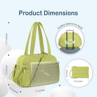 TOPDesign Travel Duffel Bag for Women, Puffer Gym Bag Sports Tote with Wet Pocket, Carry On Weekender with Luggage Sleeve (Light Green)
