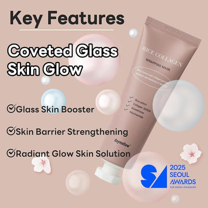 daymellow Rice Collagen Wrapping Mask 2.36 fl. oz / 70ml ??Korean Peel-Off Facial Mask with Hydrolyzed Collagen, Hydrating & Firming, Overnight Gentle Pore Tightening for Glowing Glass Skin