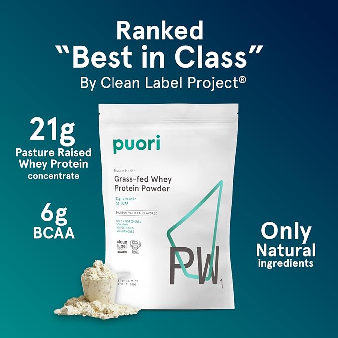 Puori Whey Protein Powder - Bourbon Vanilla - PW1 Pasture Raised, Grass-Fed & Non-GMO - 100% Natural and Pure for Muscle Growth - 21g Protein 1.98lbs - Gluten-Free