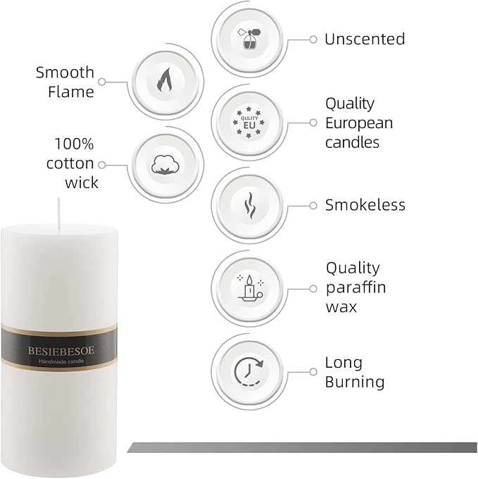 3X 8 White Pillar Candles Set of 6 Unscented Handpoured Weddings, Home Decoration, Restaurants, Spa, Church Smokeless Cotton Wick 360 Hour