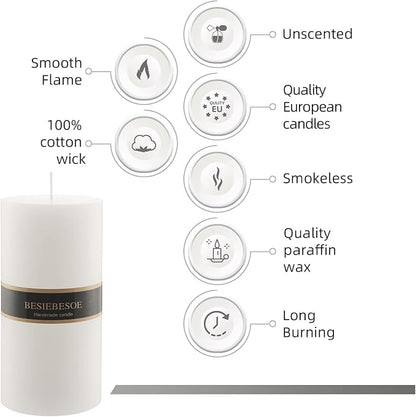 3X 8 White Pillar Candles Set of 6 Unscented Handpoured Weddings, Home Decoration, Restaurants, Spa, Church Smokeless Cotton Wick 360 Hour
