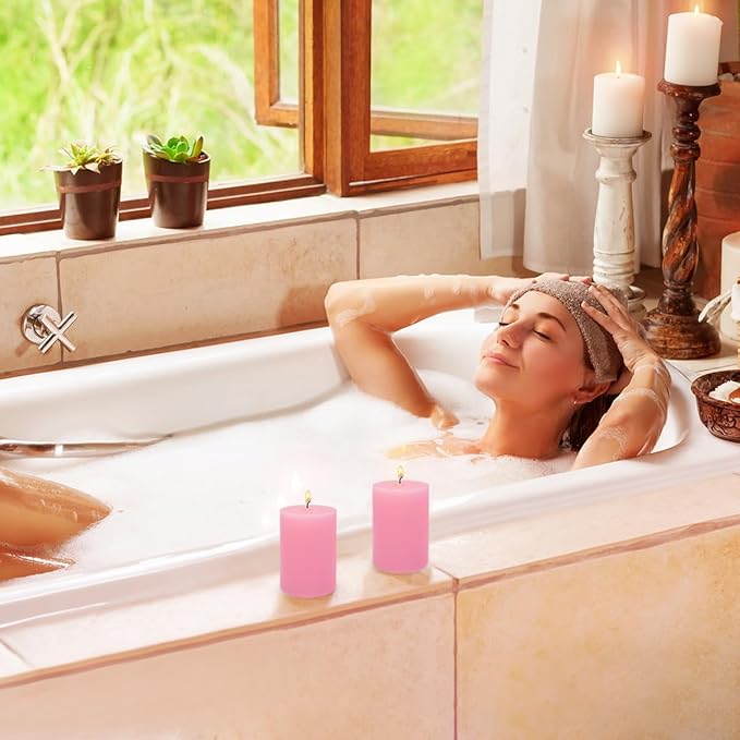 2x3 Inch Pink Pillar Candles Small 24 Hours Unscented Dripless Flat Top Column Cylinder Candles for Dinner Table Christmas Wedding Home Valentine's Day Relaxation Spa Church, 4 Packs