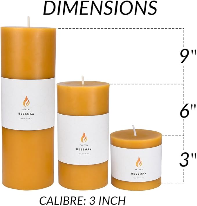 3PCS 3"x 3" Beeswax Pillar Candles, Made of Pure Natural Beeswax, with Ultra Long Burning Time and Low Allergenicity-Raw,40H