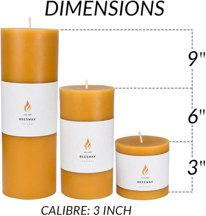 3PCS 3"x 3" Beeswax Pillar Candles, Made of Pure Natural Beeswax, with Ultra Long Burning Time and Low Allergenicity-Raw,40H