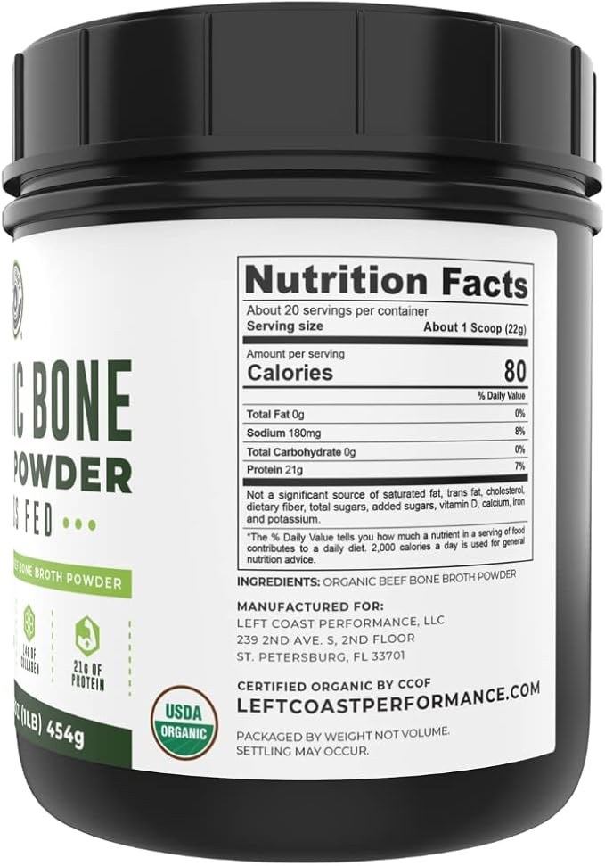 16oz Organic Bone Broth Protein Powder from Grass Fed Beef - USDA Certified Organic, Single Ingredient, Rich in Collagen, Glucosamine, No Additives, Perfect for Carnivore, Paleo, and Keto Diets