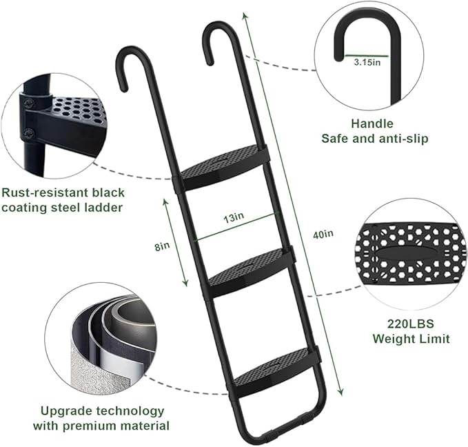 Eurmax USA Universal Easy-to-Assemble 3 Steps Trampoline Ladder with Horizontal and Wide Steps, UV Treated Steel, 220 lbs Capacity Trampoline Accessories for Children Kids