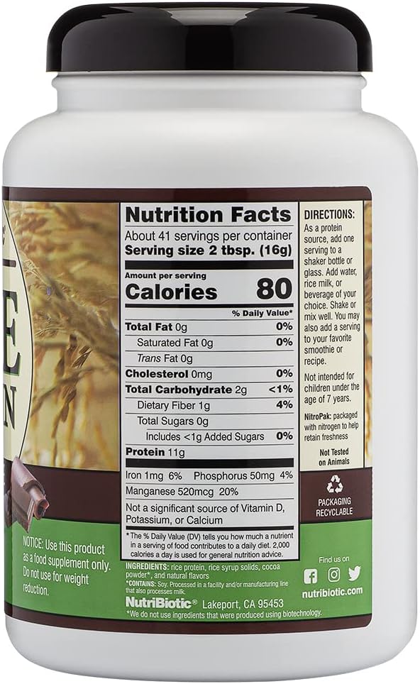 NutriBiotic Chocolate Rice Protein, 1 lb. 6.9 oz | Low Carb, Vegetarian & Keto-Friendly Raw Protein Powder | Grown & Processed Without Chemicals, GMOs or Gluten | Easy to Digest & Nutrient-Rich