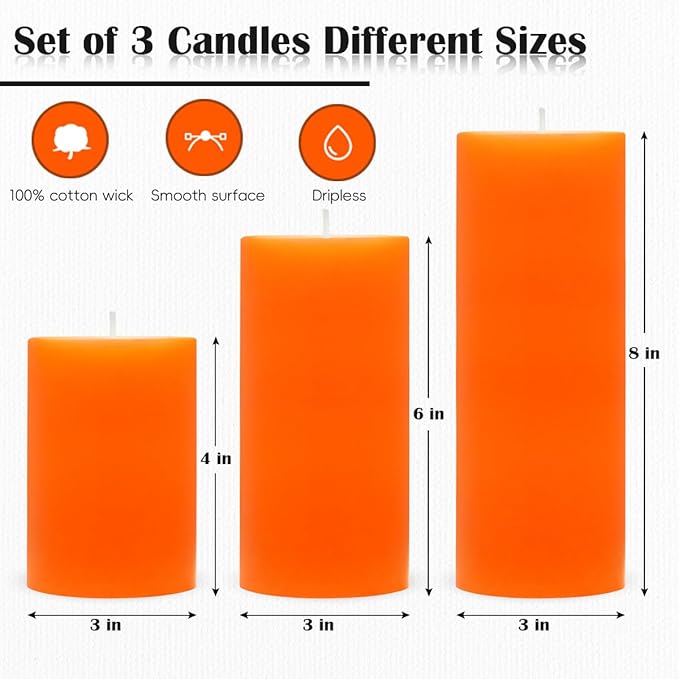 3 Packs Unscented Different Size Orange Pillar Candles, Dripless Non-Toxic 3x4, 3x6, 3x8 Inch Fall Colored Cylinder Candles for Thanksgiving, Wedding Party, Dinner Table, Power Outage, Emergency