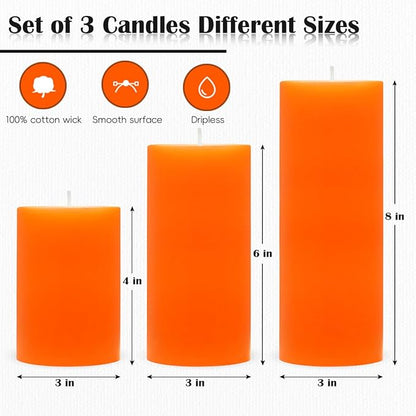 3 Packs Unscented Different Size Orange Pillar Candles, Dripless Non-Toxic 3x4, 3x6, 3x8 Inch Fall Colored Cylinder Candles for Thanksgiving, Wedding Party, Dinner Table, Power Outage, Emergency