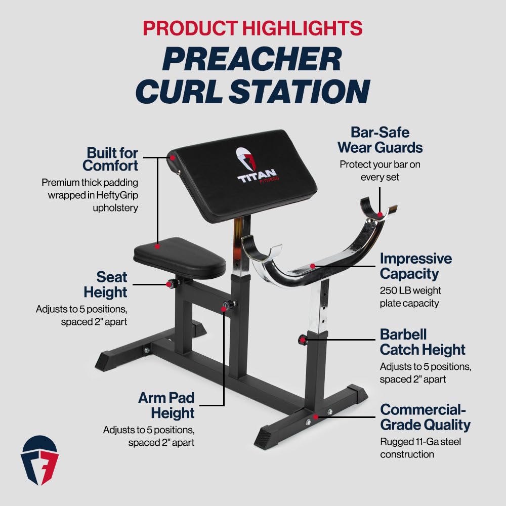 Titan Fitness Adjustable Preacher Curl Weight Station, 250 LB Capacity, Adjustable Bench Seat