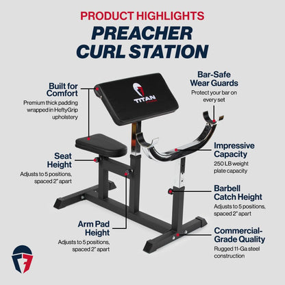 Titan Fitness Adjustable Preacher Curl Weight Station, 250 LB Capacity, Adjustable Bench Seat