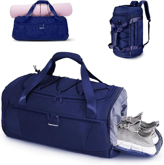 Sportsnew Gym Bag for Women with Shoe Compartment Wet Pocket and Yoga Mat Holder,Mens Duffel Bag for Travel with Laptop Compartment,Weekender Overnight Carry On Bag for Men(Blue Patent Pending)