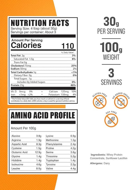 BulkSupplements.com Whey Protein Concentrate Powder - Whey Protein Powder Supplement, Unsweetened, Unflavored & Gluten Free, 30g per Serving, 100g (3.5 oz) (Pack of 1)