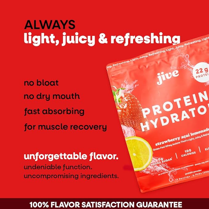 Jive Clear Protein Powder - 22g Grass-Fed Whey Isolate, 13 Servings - Strawberry Acai Lemonade - 895mg of Electrolytes - Zero Added Sugar - Clear Drink Protein Water & Juice