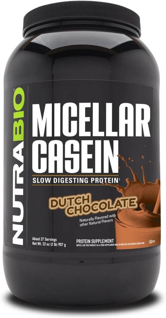 NutraBio Casein Protein Powder, Micellar Casien Powder, 25g Slow Digesting Protein, Helps Keep You Full, Overnight Muscle Recovery & Growth, BCAA & EAA, Gluten Free, Soy Free, 2lb Chocolate