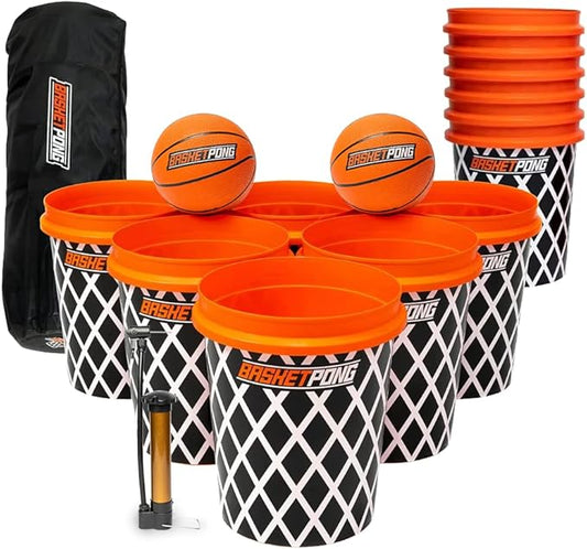 Giant Yard Pong and Basketball Game with 12 Buckets, 2 Balls, Carrying Bag, and Air Pump – Outdoor