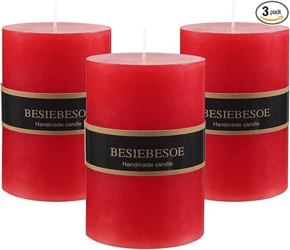 3 x 4 Red Pillar Candles Set of 3 Unscented Handpoured Weddings, Home Decoration, Restaurants, Spa, Church Smokeless Cotton Wick