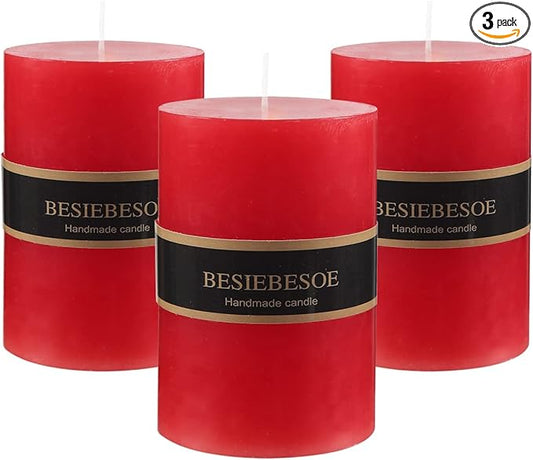 3 x 4 Red Pillar Candles Set of 3 Unscented Handpoured Weddings, Home Decoration, Restaurants, Spa, Church Smokeless Cotton Wick