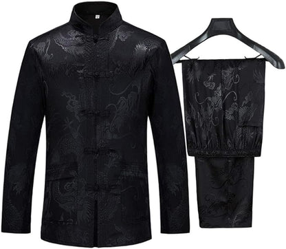 wecotton Tang Suit Men Hanfu Chinese Traditional Clothes Kung Fu Shirt Uniform Long Sleeved Coat Tops and Pants