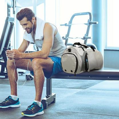 INOXTO Small Sports Gym Bag，Travel Duffel Bag with Dry Wet Pocket and Shoes Compartment for Women and Men，35L Waterproof Weekender Fitness bag For Swim Sports Travel Working Out (light grey 2)