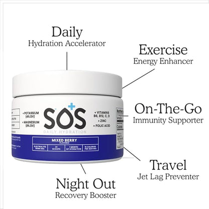SOS Hydration Electrolyte Drink Mix (31 Servings) – Low Sugar, 15 Calorie, Keto-Friendly & Rapid Rehydration (31 Servings, Mixed Berry)