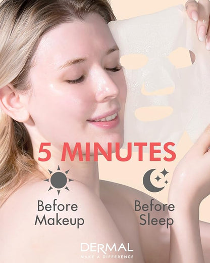 DERMAL Strawberry Collagen Essence Facial Mask Sheet 23g Pack of 10 - Pore Tightening & Sebum Control for Oily Skin, Hydrating Daily Skin Treatment Solution Sheet Mask